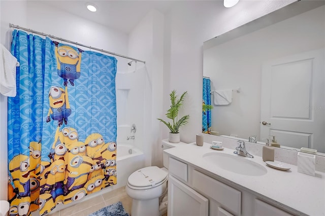 full bathroom with toilet, tile patterned flooring, vanity, and shower / bath combo with shower curtain