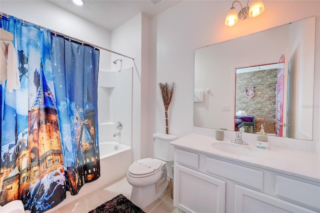 full bathroom with shower / tub combo, tile patterned flooring, toilet, vanity, and a notable chandelier