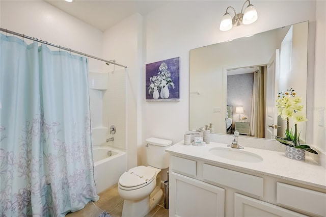 full bathroom featuring toilet, vanity, tile patterned floors, and shower / tub combo with curtain