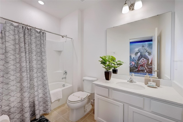 full bathroom with toilet, vanity, tile patterned floors, and shower / tub combo with curtain