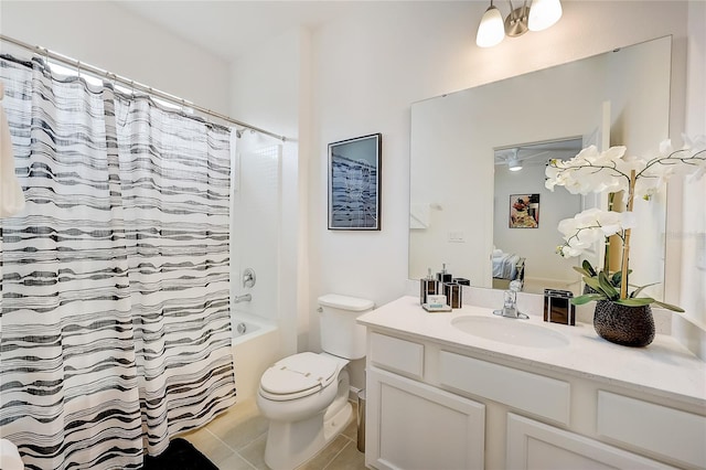 full bathroom with toilet, vanity, tile patterned floors, and shower / tub combo with curtain