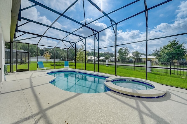 view of swimming pool featuring a lanai, a patio, a yard, and an in ground hot tub