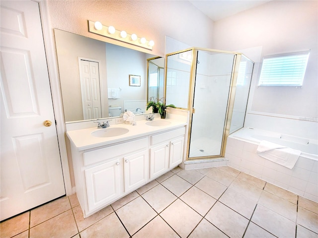 full bathroom with toilet, separate shower and tub, double sink vanity, and tile flooring