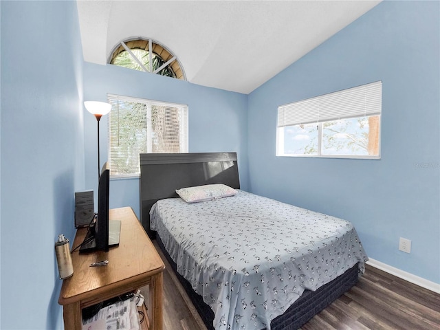 bedroom featuring dark wood-type flooring, vaulted ceiling, and multiple windows