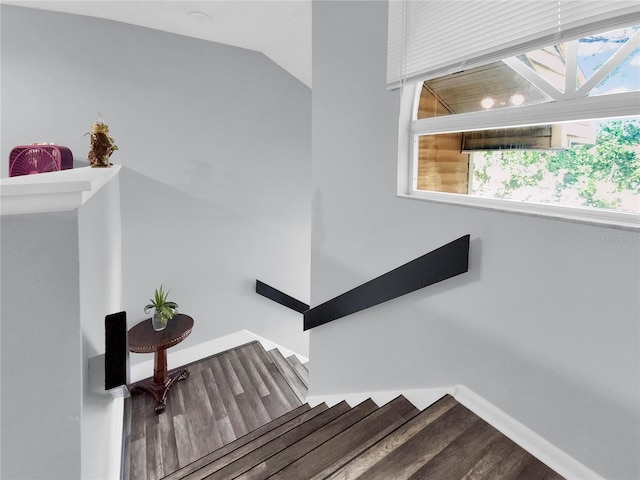 stairs featuring lofted ceiling and hardwood / wood-style flooring