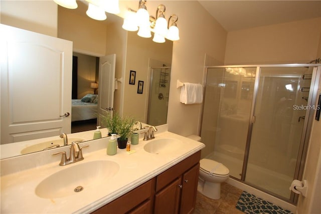 bathroom with a chandelier, tile patterned floors, toilet, and an enclosed shower