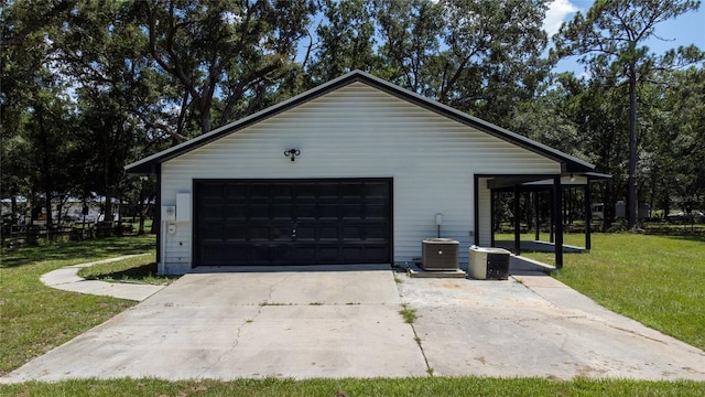 exterior space featuring a yard, central air condition unit, and a garage