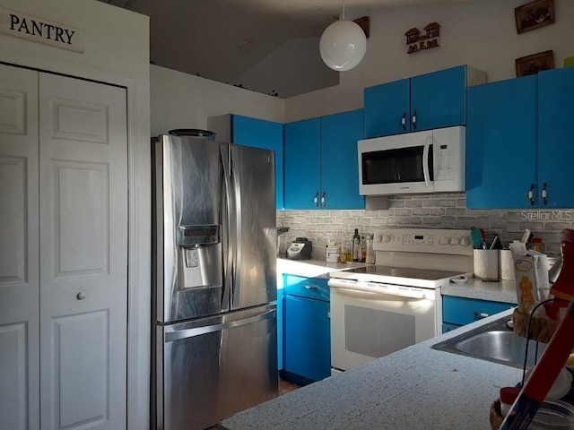 kitchen with blue cabinets, decorative backsplash, hanging light fixtures, light stone counters, and white appliances