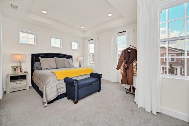 bedroom with light colored carpet and a raised ceiling