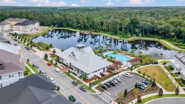 birds eye view of property featuring a water view