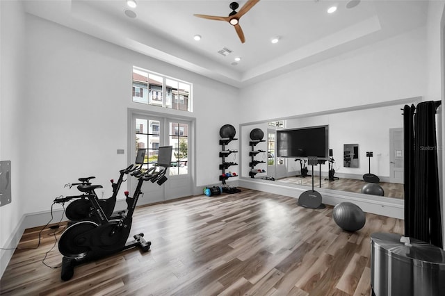 exercise area with a high ceiling, ceiling fan, hardwood / wood-style flooring, and a tray ceiling