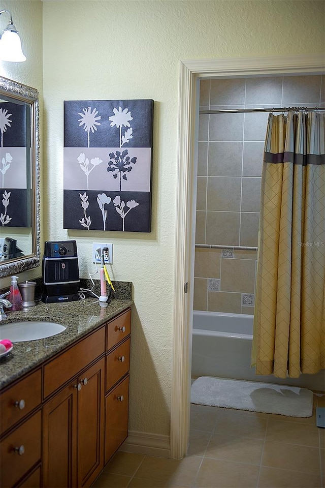 bathroom with vanity, tile flooring, and shower / bathtub combination with curtain