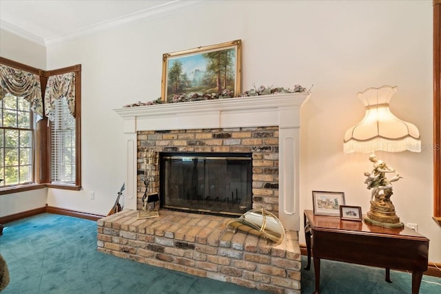 interior space featuring carpet floors, a brick fireplace, and crown molding