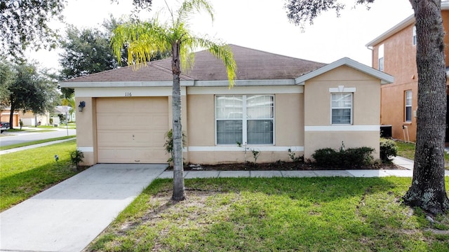 ranch-style house with a front lawn and a garage