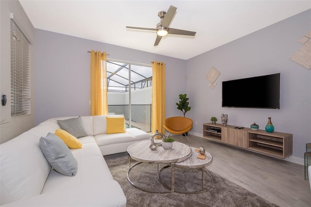 living room with ceiling fan and wood-type flooring