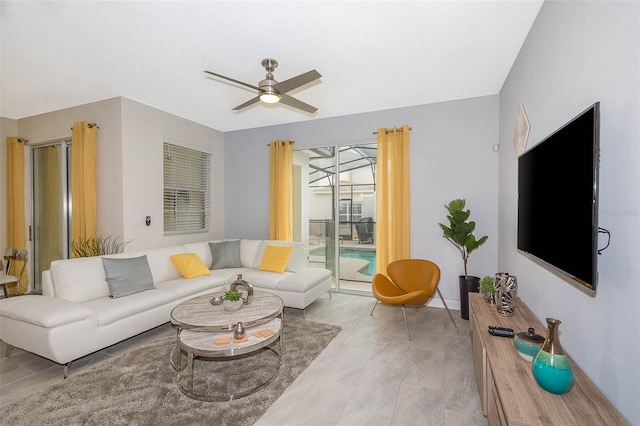 living room featuring ceiling fan