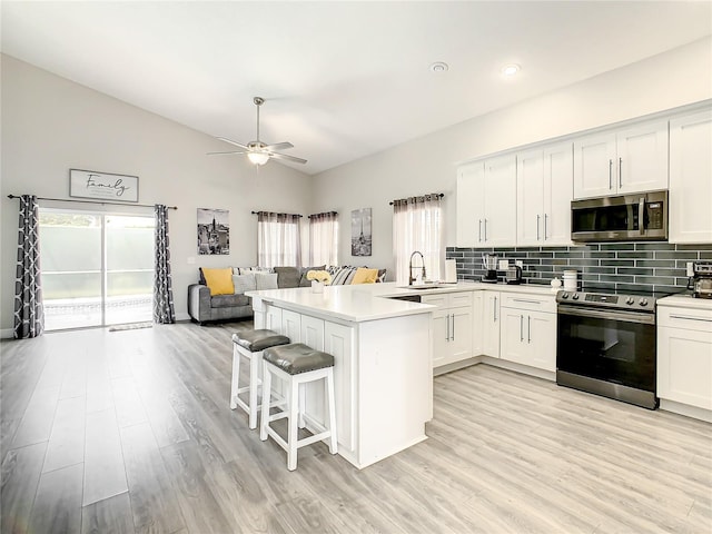 kitchen featuring kitchen peninsula, ceiling fan, a healthy amount of sunlight, and stainless steel appliances