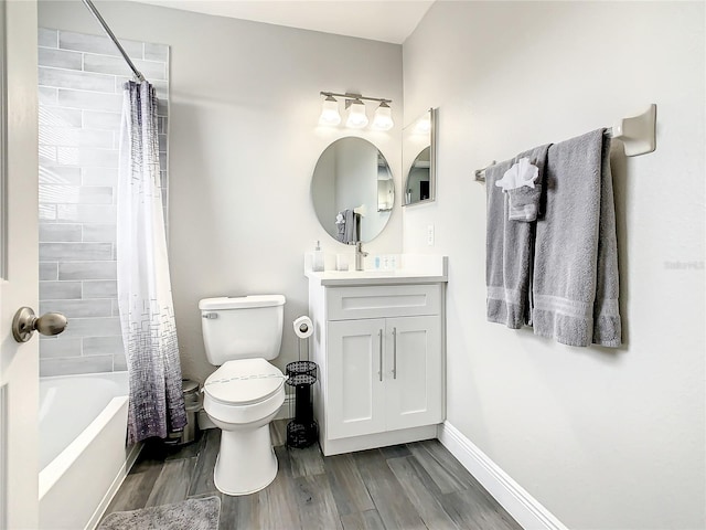 full bathroom with hardwood / wood-style flooring, shower / bath combination with curtain, vanity, and toilet