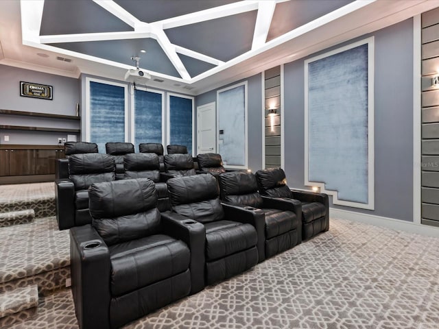 cinema room featuring carpet floors