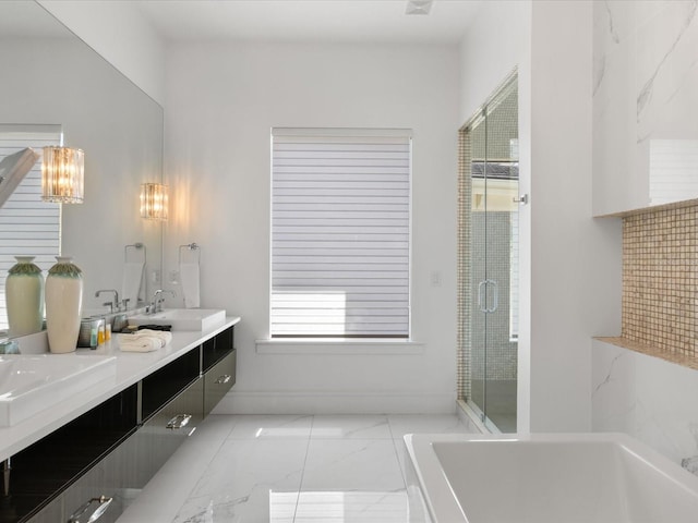 bathroom with shower with separate bathtub, double sink vanity, and tile flooring