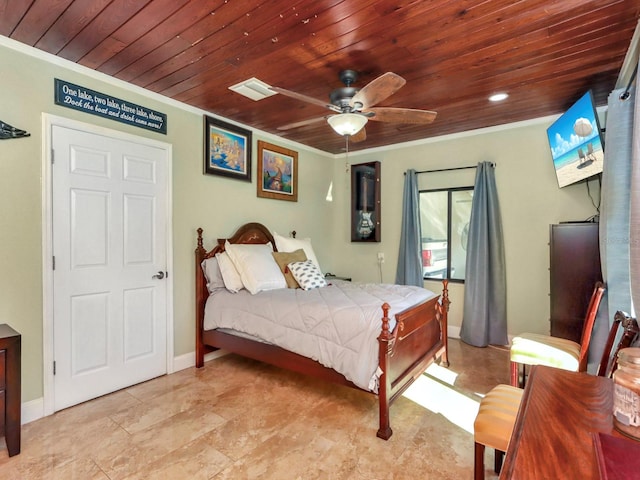 bedroom with light tile floors, ceiling fan, wooden ceiling, and ornamental molding