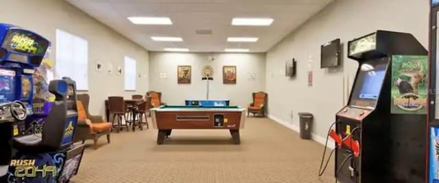 playroom featuring light carpet and pool table