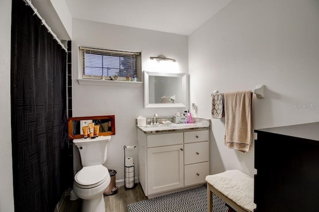 bathroom with vanity, hardwood / wood-style flooring, and toilet