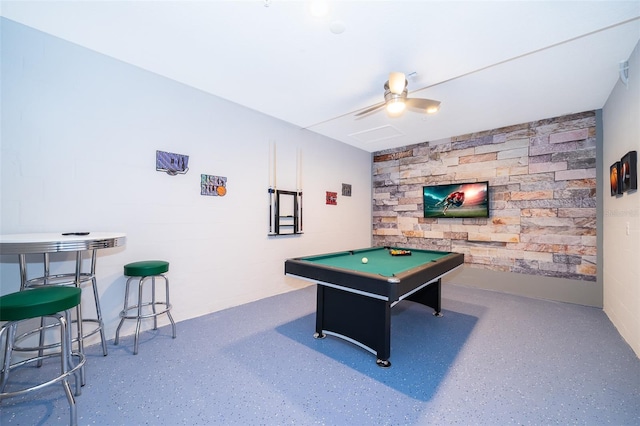 playroom featuring ceiling fan and pool table