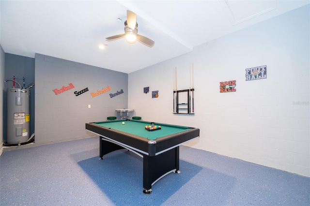 rec room featuring electric water heater, ceiling fan, and billiards