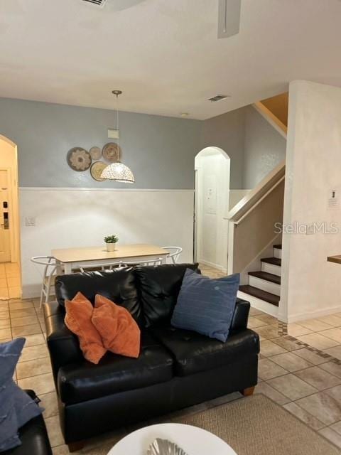 living room featuring light tile patterned floors