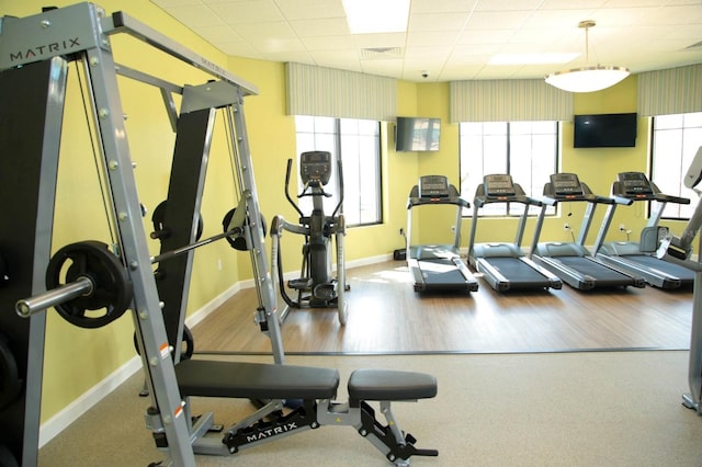 gym featuring wood-type flooring and a drop ceiling