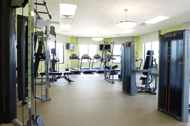 exercise room featuring a paneled ceiling and a wealth of natural light