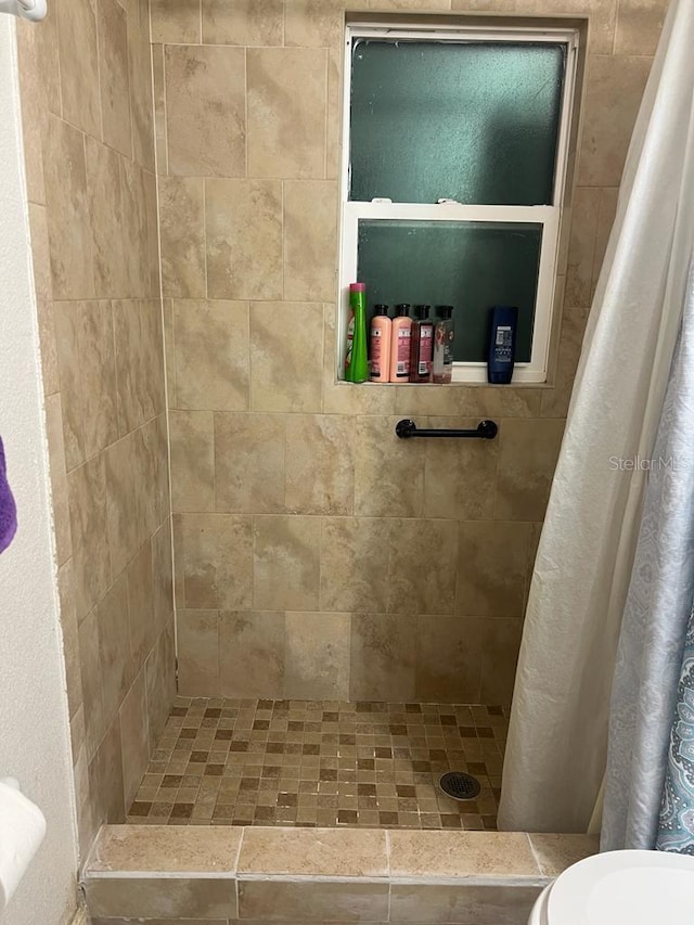 bathroom with a shower with curtain and toilet