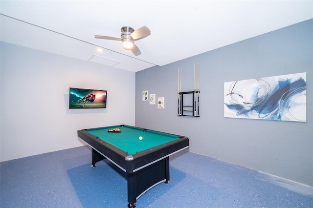 playroom with pool table and ceiling fan