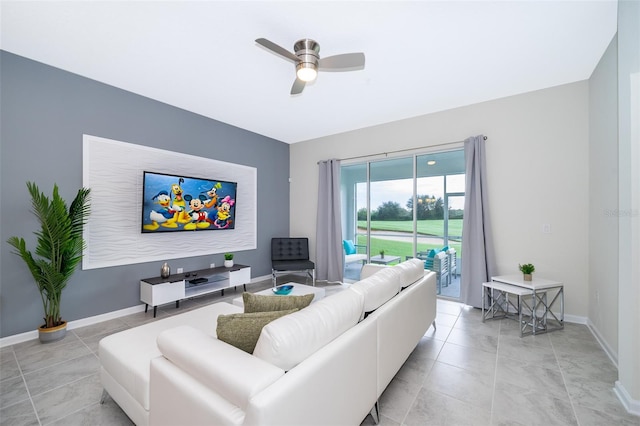 living room with light tile patterned floors and ceiling fan