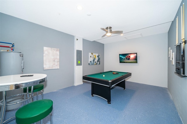 game room featuring water heater, ceiling fan, and billiards