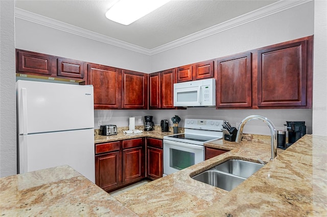 kitchen with light stone counters, a textured ceiling, white appliances, crown molding, and sink