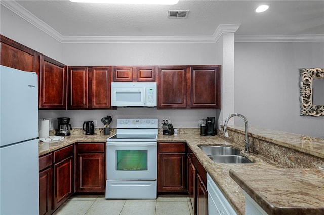 kitchen with white appliances, light stone counters, crown molding, and sink