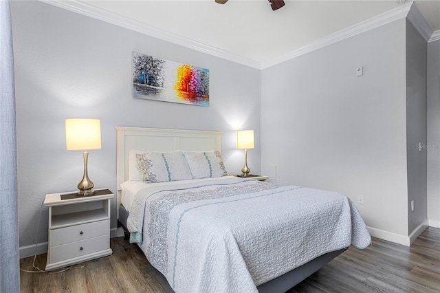 bedroom with crown molding, ceiling fan, and dark hardwood / wood-style floors