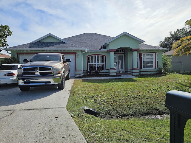 ranch-style house with a front yard and a garage