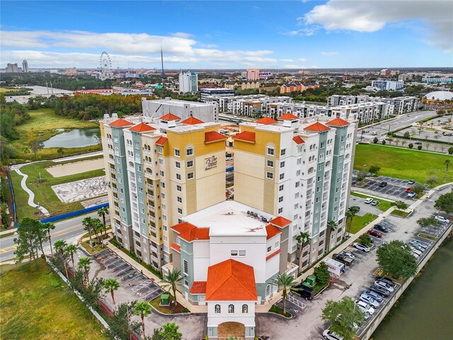 bird's eye view with a view of city and a water view