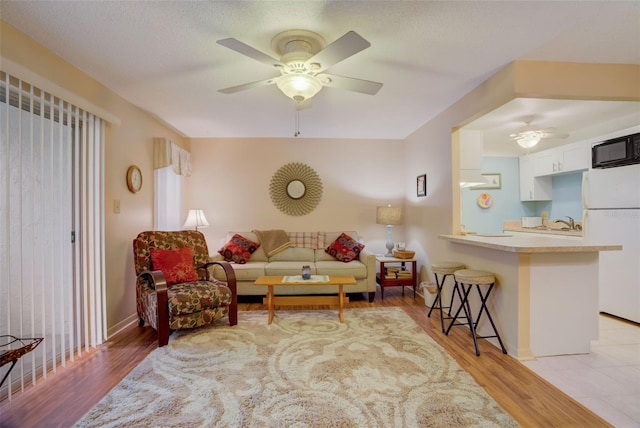 living room with ceiling fan, light hardwood / wood-style floors, sink, and a textured ceiling