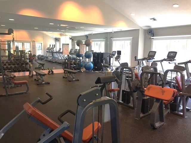 exercise room featuring vaulted ceiling