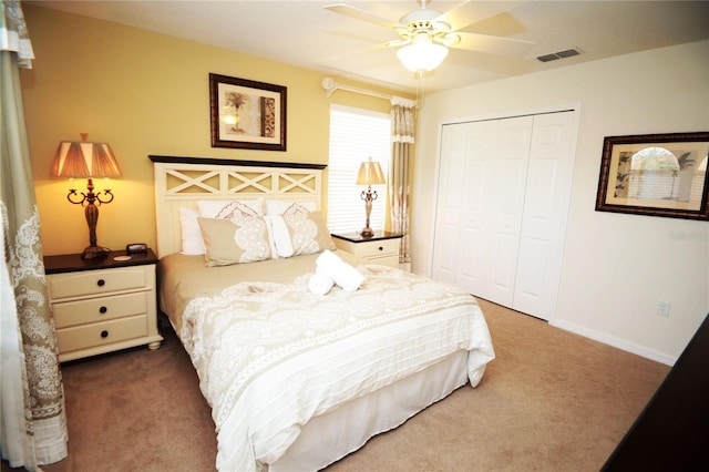 bedroom featuring ceiling fan, carpet floors, and a closet