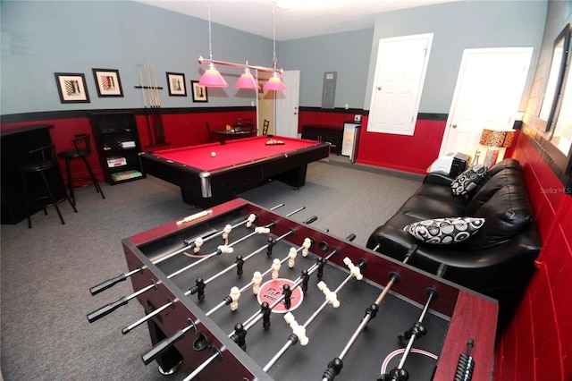 rec room with pool table and carpet flooring