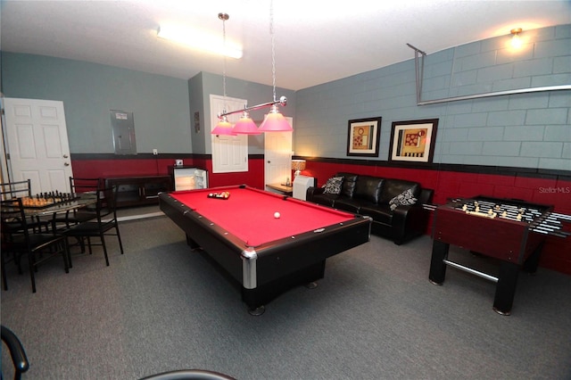 rec room featuring billiards, electric panel, and carpet flooring