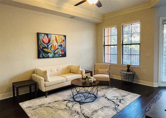 living room with ceiling fan, dark hardwood / wood-style floors, and ornamental molding