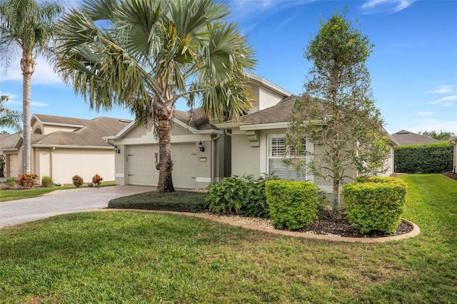 view of front of house with a front lawn and a garage