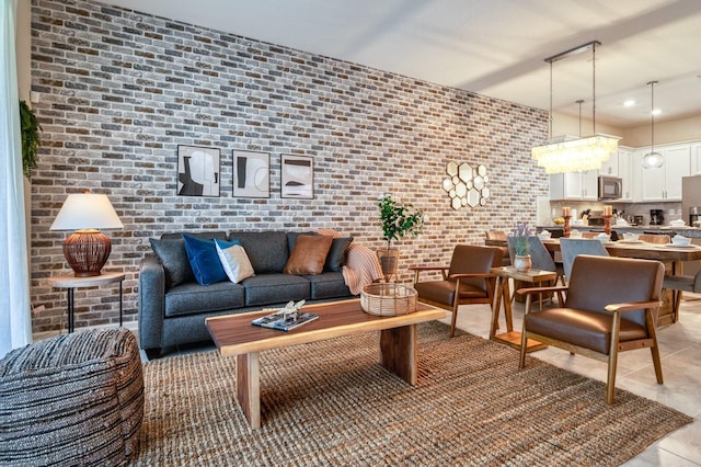 living room featuring brick wall