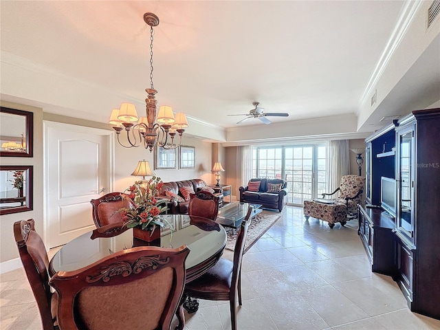 dining area with ceiling fan with notable chandelier and ornamental molding